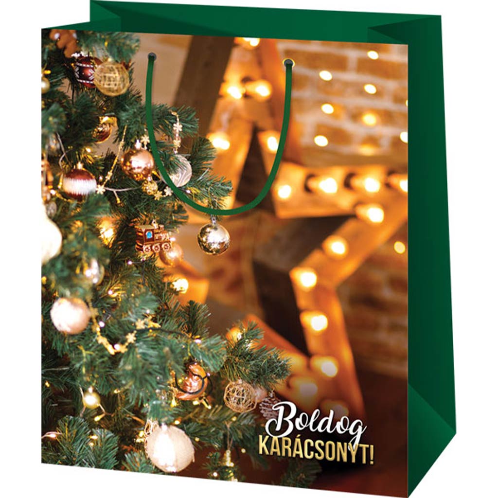 imagen de Feliz Navidad bolsa de regalo mediana con diseño de árbol de Navidad decorado 18x10x23cm 1