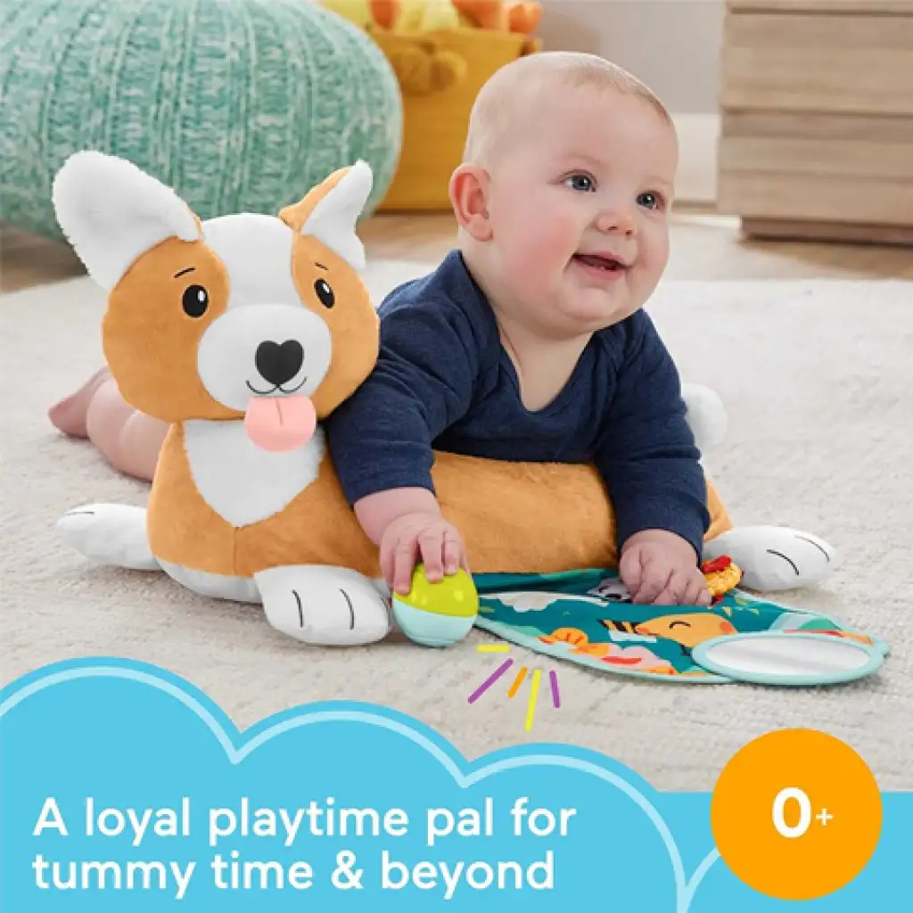 imagen de Fisher-Price: Corgi Puppy Almohada de pancita con sonajero, mordedor y espejo - Mattel 2