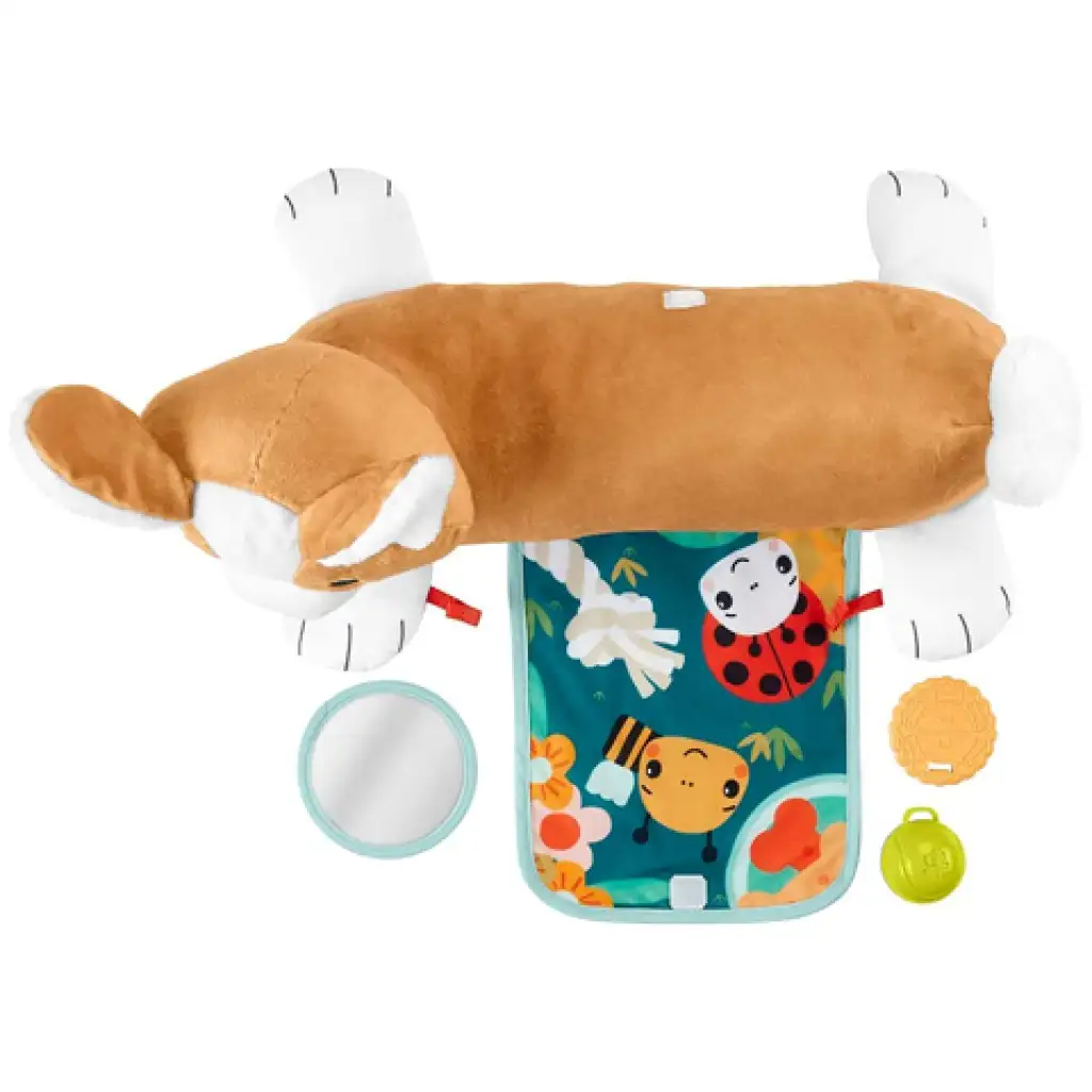 imagen de Fisher-Price: Corgi Puppy Almohada de pancita con sonajero, mordedor y espejo - Mattel 4