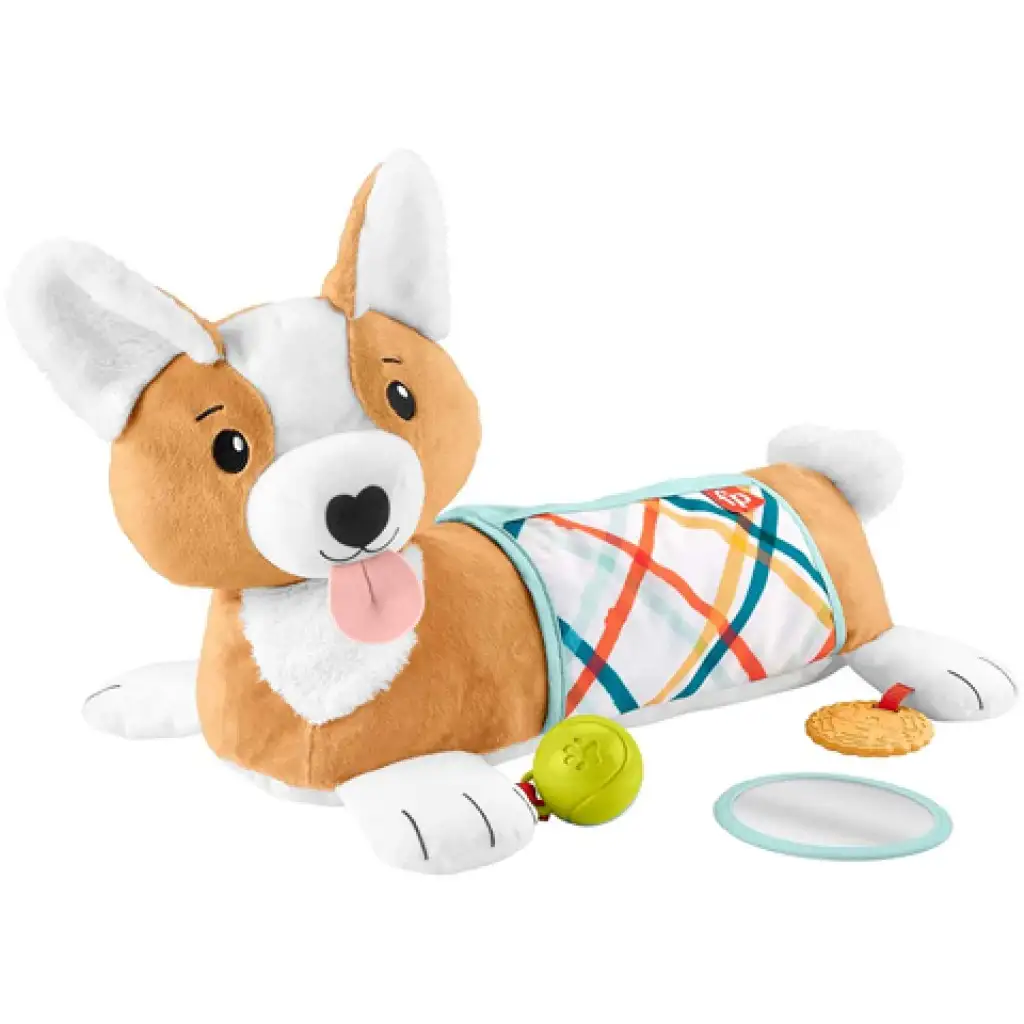 imagen de Fisher-Price: Corgi Puppy Almohada de pancita con sonajero, mordedor y espejo - Mattel 5