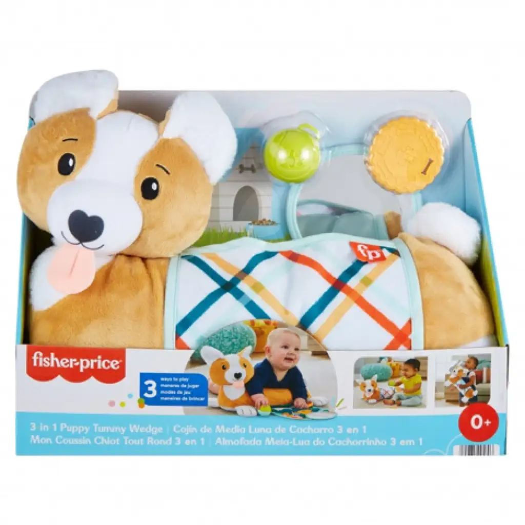 imagen de Fisher-Price: Corgi Puppy Almohada de pancita con sonajero, mordedor y espejo - Mattel 1
