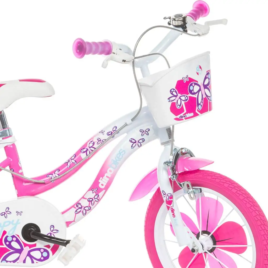 imagen de Flappy 14” bicicleta infantil con cesta y asiento para muñeca en color rosa-blanco – Dino Bikes bicicleta 3
