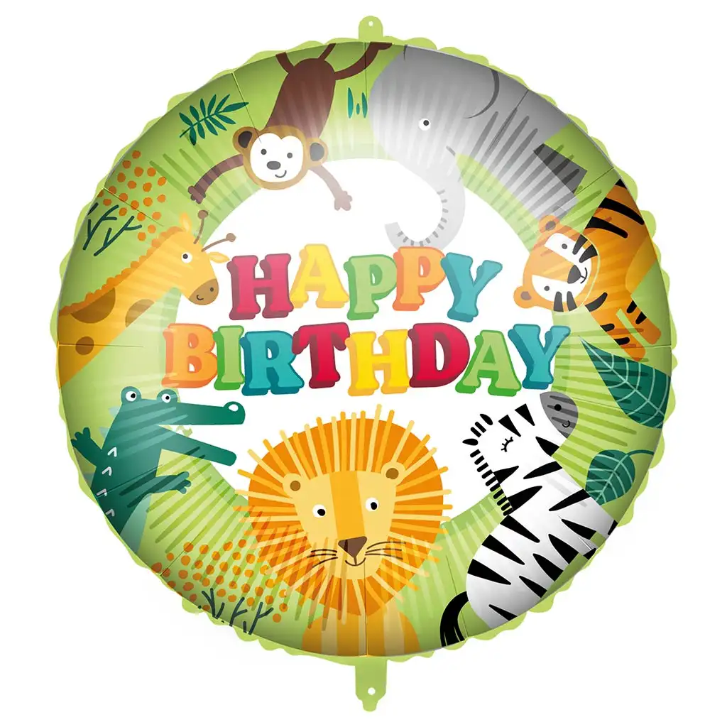 imagen de Globo de foil de cumpleaños – con la inscripción "Happy Birthday", con diseño de animales de la jungla 46cm 1
