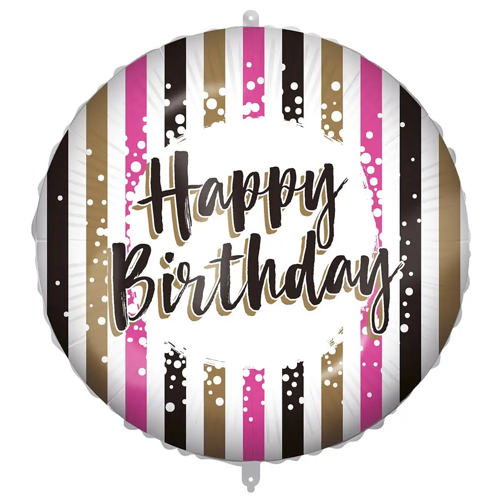 imagen de Globo de foil de cumpleaños – con la inscripción "Happy Birthday", diseño a rayas en dorado-negro-rosa 46cm 1