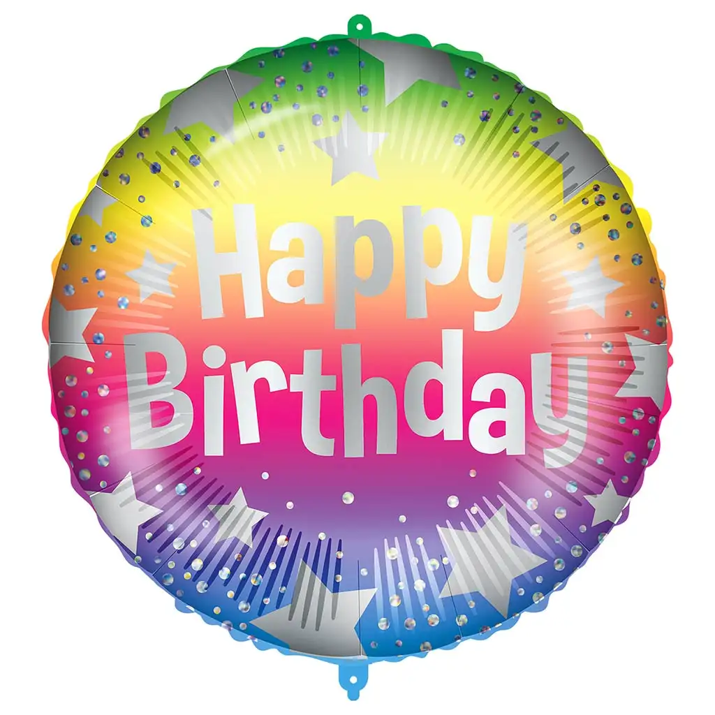 imagen de Globo de foil de cumpleaños – con la inscripción "Happy Birthday" y diseño de estrellas de colores del arcoíris 46cm 1