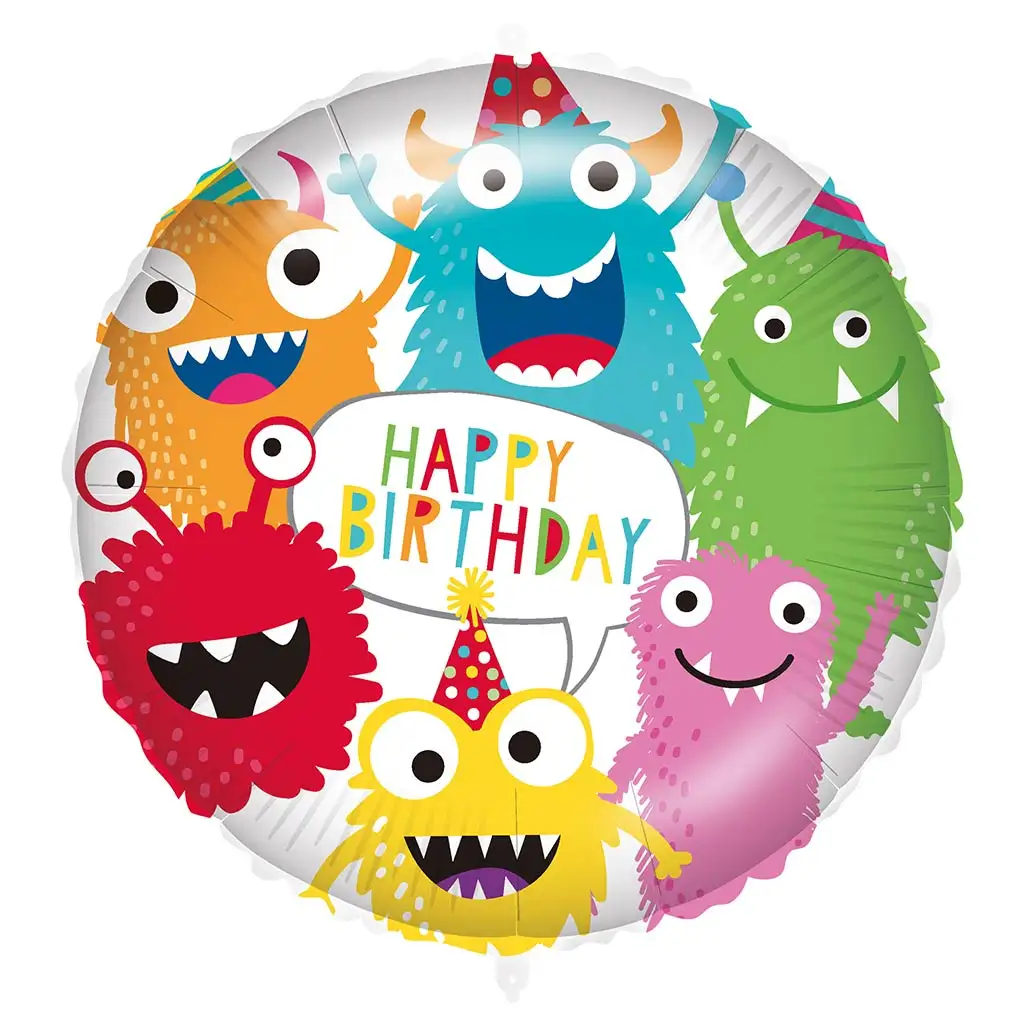 imagen de Globo de foil de cumpleaños – con la inscripción "Happy Birthday" y diseño de monstruos coloridos de 46 cm 1