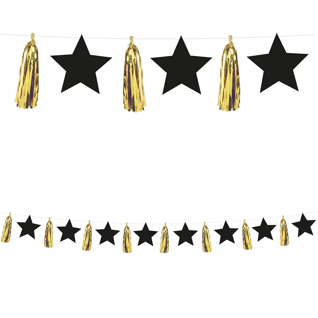imagen de Guirnalda de fiesta con estrellas negras y borlas doradas 1