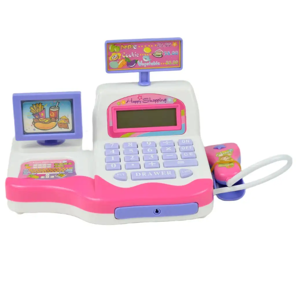 imagen de Happy Shopping: Caja registradora blanca y rosa con sonido y accesorios 20x12cm 2