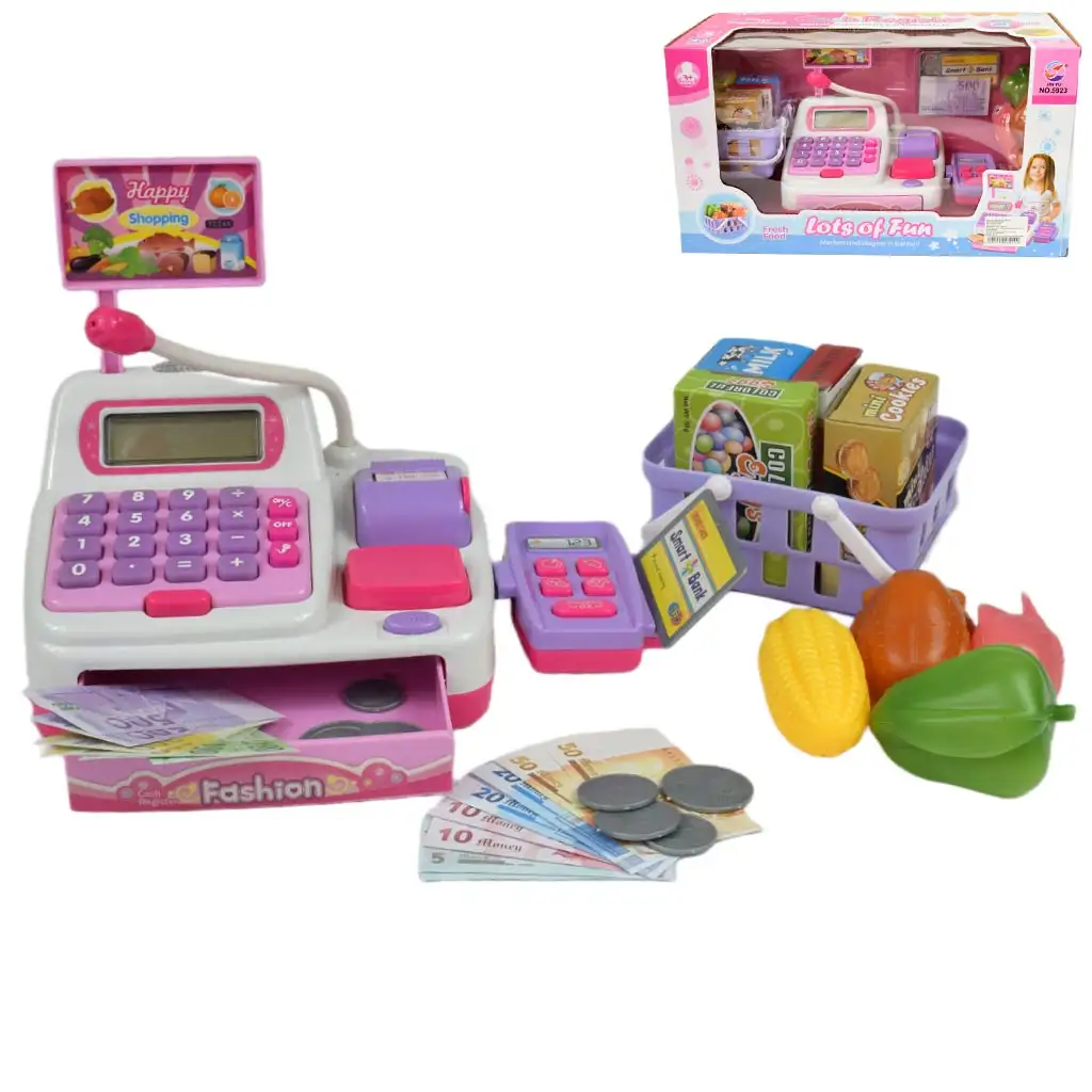 imagen de Happy Shopping: Caja registradora electrónica blanca-rosa con sonido y accesorios 22,5x17cm 1