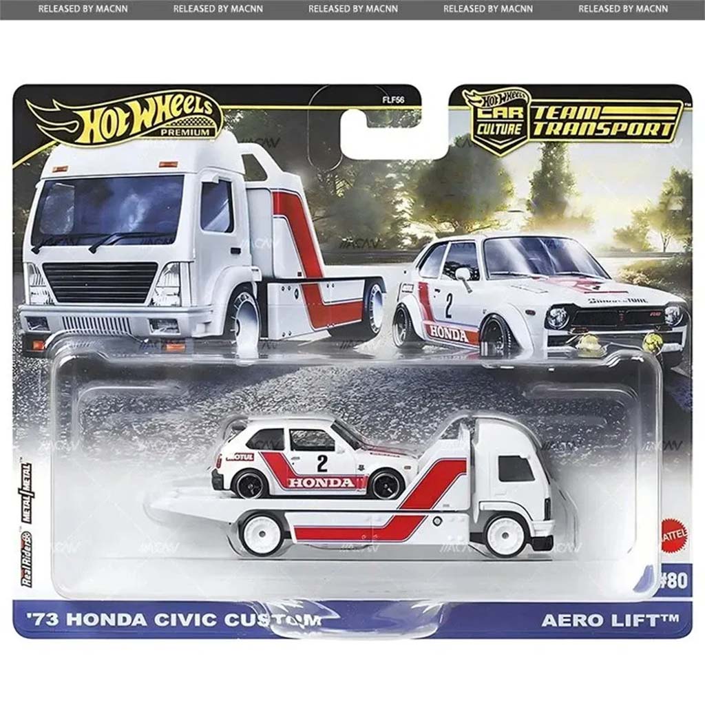imagen de Hot Wheels: Aero Lift camión transportador de coches premium y 73 Honda Civic Custom coche en miniatura 1/64 - Mattel 1