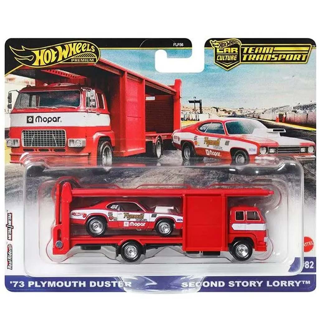 imagen de Hot Wheels: Camión de Carga de Segunda Historia Premium y cochecito Plymouth Duster '73 1/64 - Mattel 1