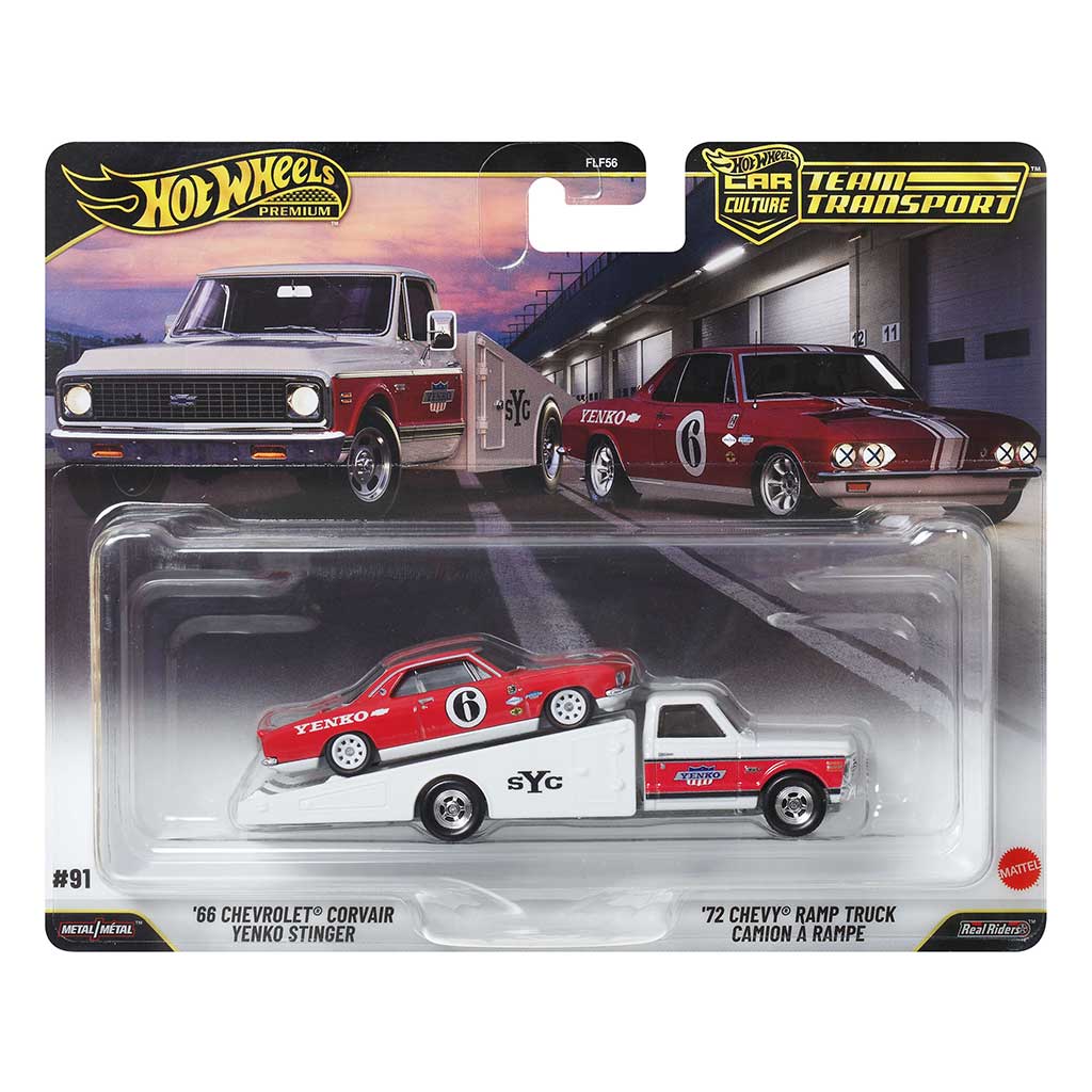 imagen de Hot Wheels: Camión transportador '72 Chevy Ramp Truck y cochecito '66 Chevrolet Corvair 1/64 - Mattel 1