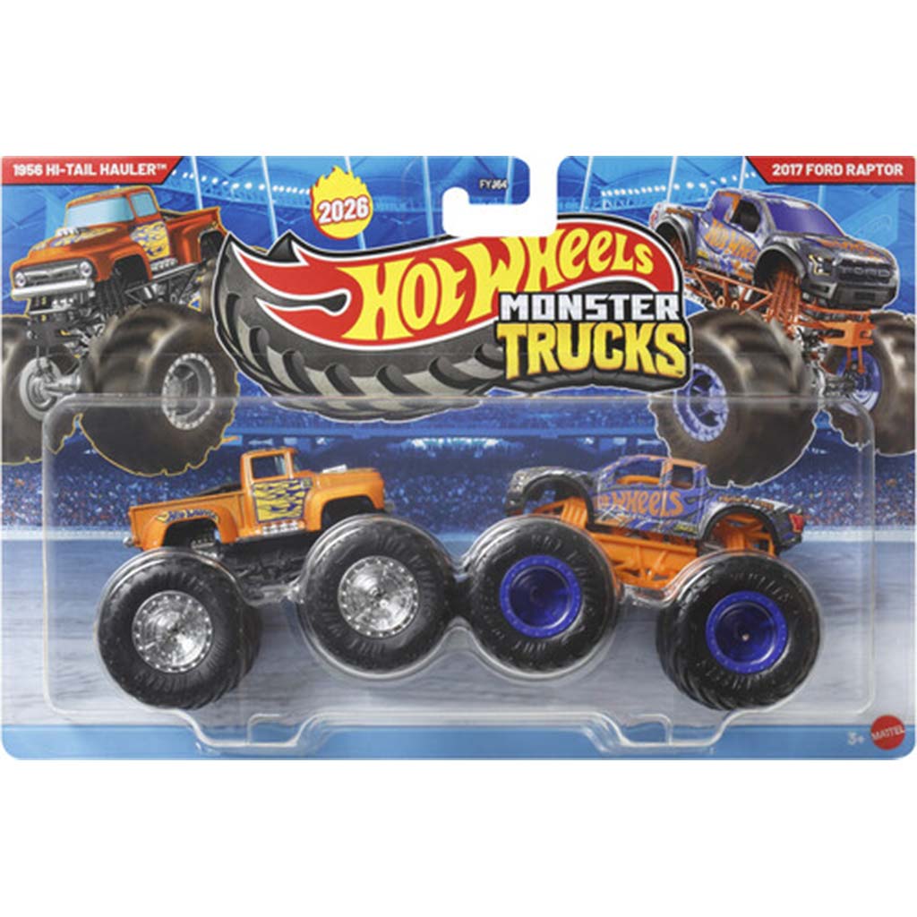 imagen de Hot Wheels Monster Trucks: 1956 Hi-Tail Hauler vs 2017 Ford Raptor paquete de 2 coches en miniatura 1/64 - Mattel 1