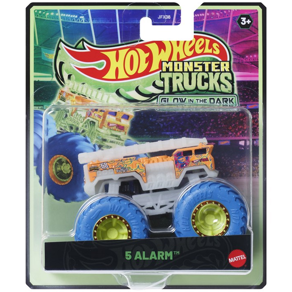 imagen de Hot Wheels Monster Trucks: 5 Alarm coche de juguete que brilla en la oscuridad 1/64 – Mattel 1