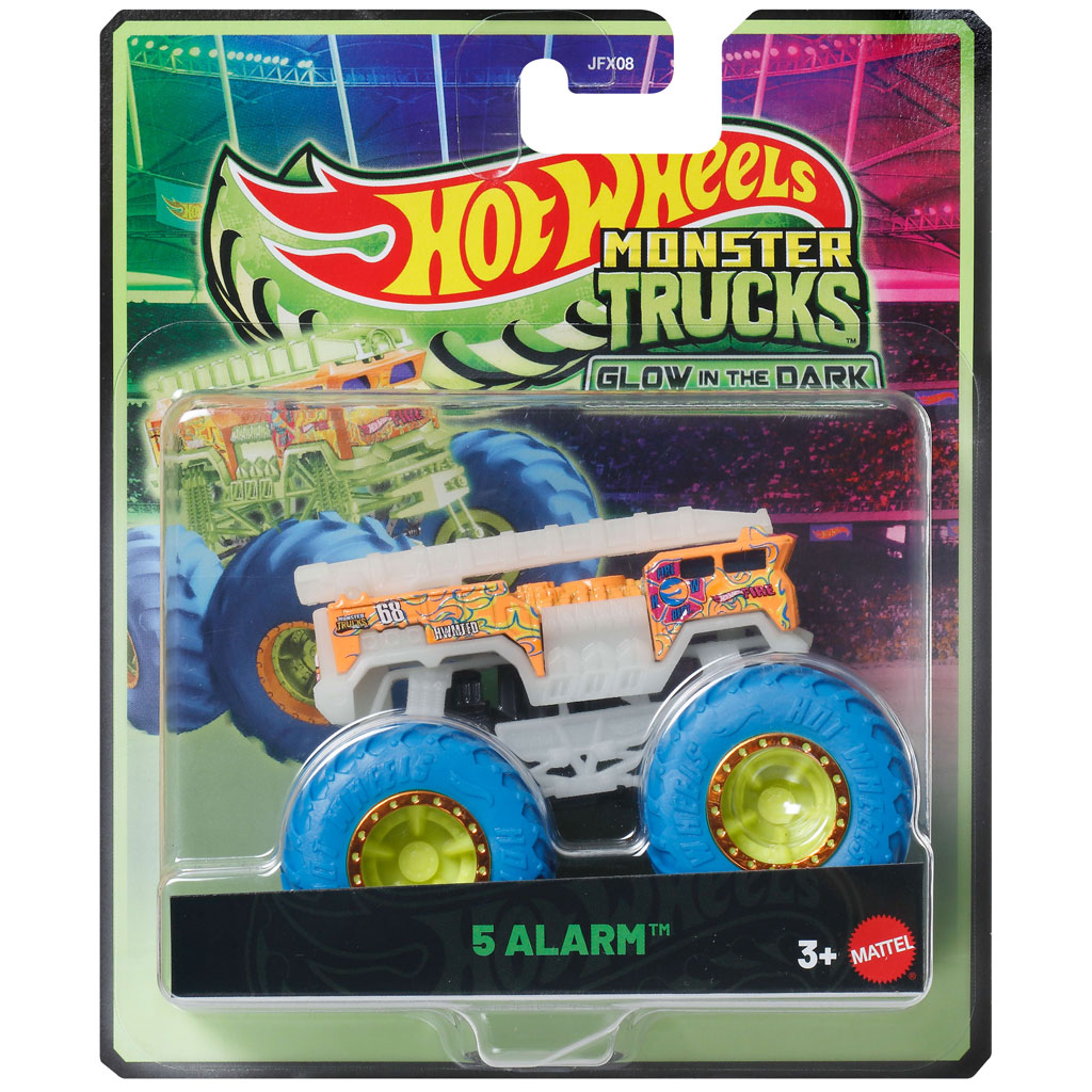 imagen de Hot Wheels Monster Trucks: 5 Alarm con ruedas azules que brillan en la oscuridad 1/64 – Mattel 1