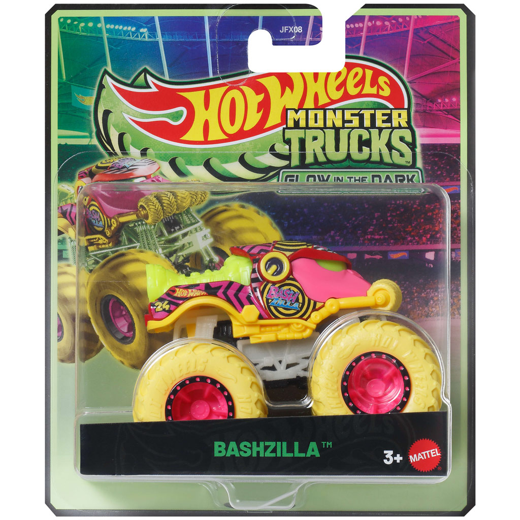 imagen de Hot Wheels Monster Trucks: Bashzilla cochecito que brilla en la oscuridad 1/64 – Mattel 1
