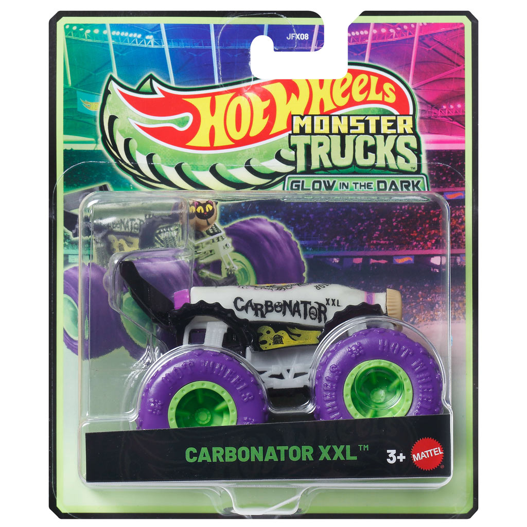 imagen de Hot Wheels Monster Trucks: Carbonator XXL cochecito blanco que brilla en la oscuridad 1/64 - Mattel 1
