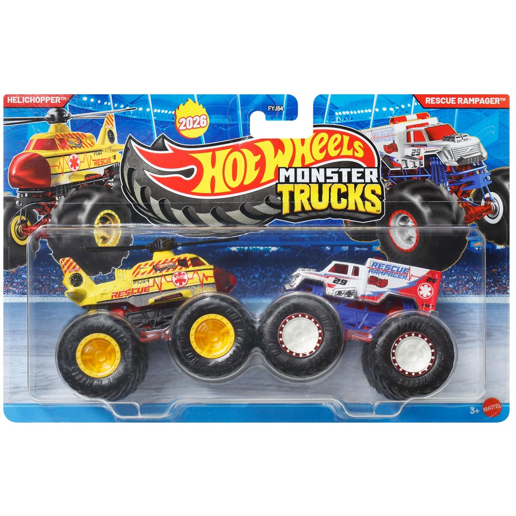 imagen de Hot Wheels Monster Trucks: Helichopper vs Rescue Rampager cochecito 2 piezas paquete 1/64 - Mattel 1