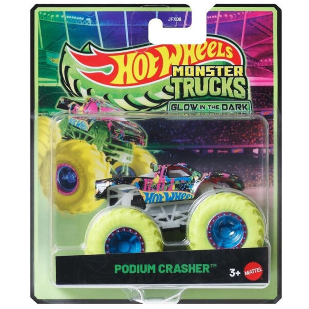imagen de Hot Wheels Monster Trucks: Podium Crasher cochecito que brilla en la oscuridad 1/64 – Mattel 1