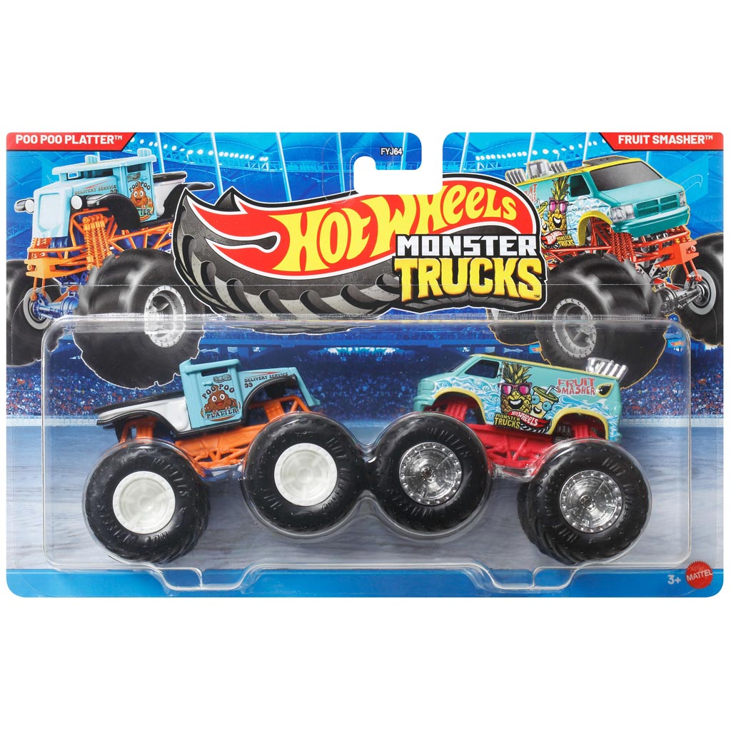 imagen de Hot Wheels Monster Trucks: Poo Poo Platter vs Fruit Smasher paquete de 2 coches 1/64 - Mattel 1