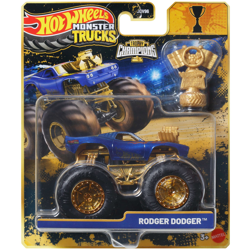 imagen de Hot Wheels Monster Trucks: Rodger Dodger campeón monster coche pequeño con trofeo 1/64 - Mattel 1