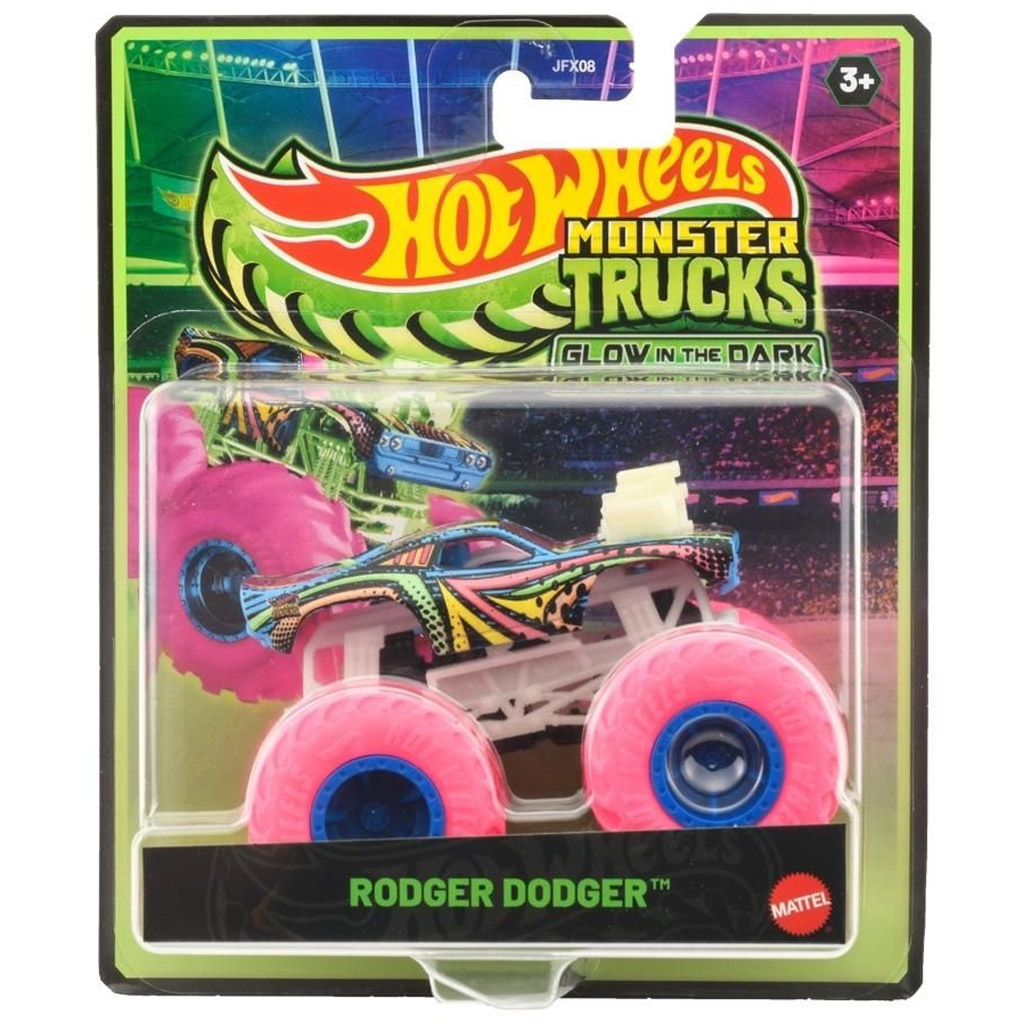 imagen de Hot Wheels Monster Trucks Rodger Dodger cochecito que brilla en la oscuridad 1/64 - Mattel 1
