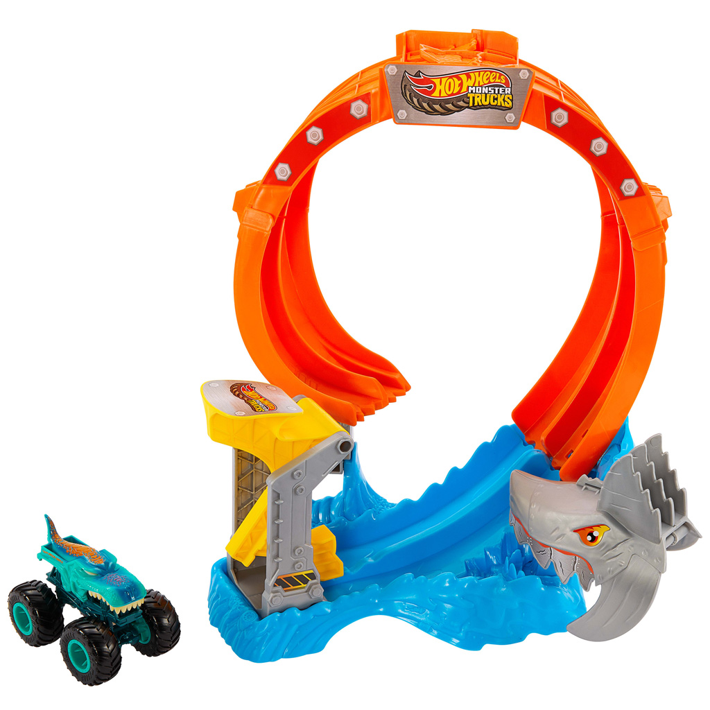 imagen de Hot Wheels Monster Trucks: Spiral Shark Smash pista con Mega-Wrex coche de juguete – Mattel 2