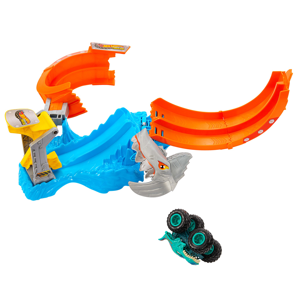 imagen de Hot Wheels Monster Trucks: Spiral Shark Smash pista con Mega-Wrex coche de juguete – Mattel 3