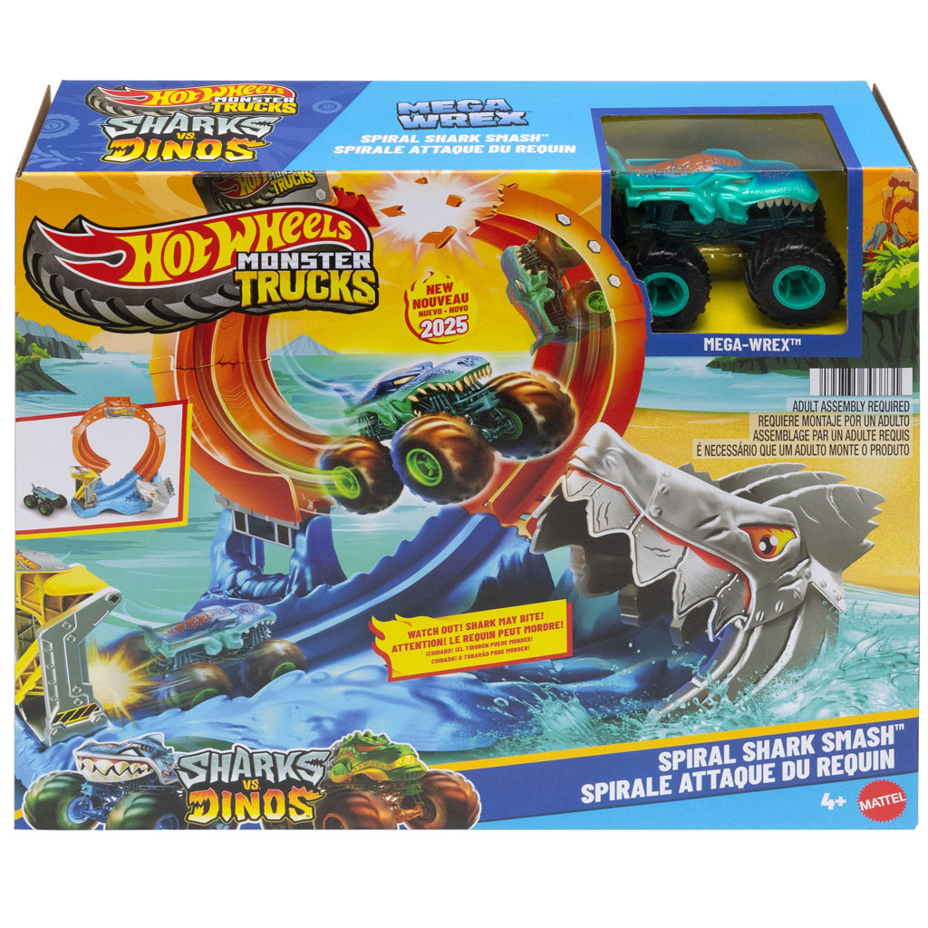 imagen de Hot Wheels Monster Trucks: Spiral Shark Smash pista con Mega-Wrex coche de juguete – Mattel 1