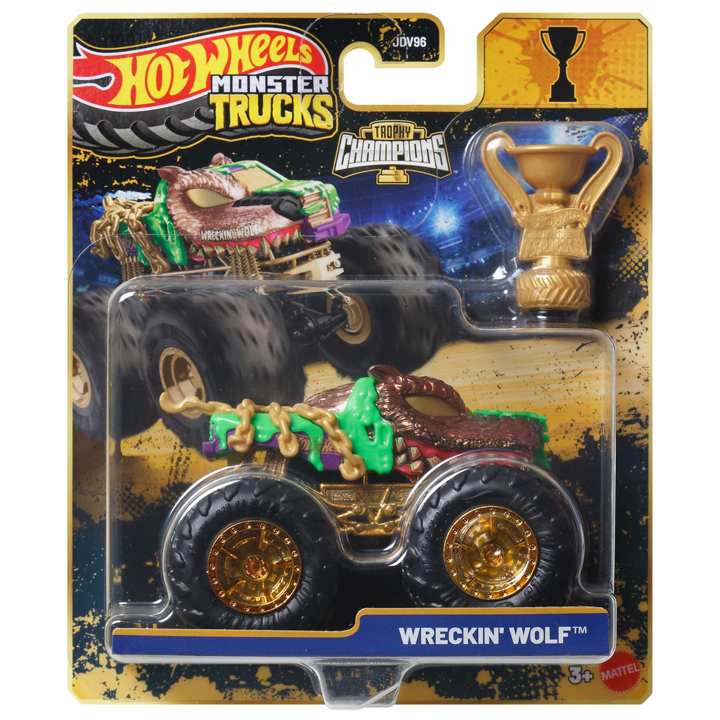 imagen de Hot Wheels Monster Trucks: Wreckin Wolf campeón monster coche con trofeo 1/64 - Mattel 1