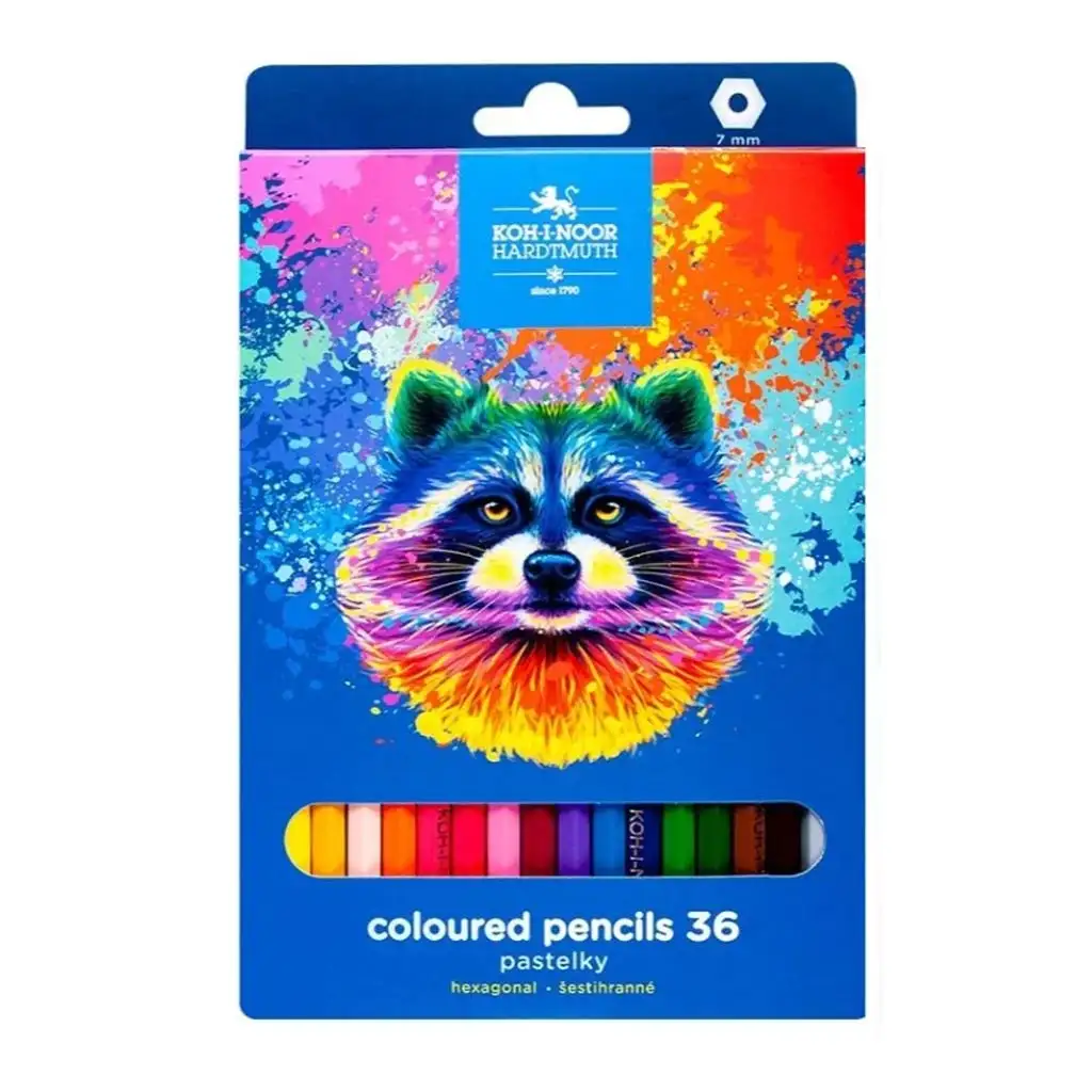 imagen de ICO: Koh-I-Noor 3555 Lápiz de colores hexagonal en caja con mapache de 36 piezas 1