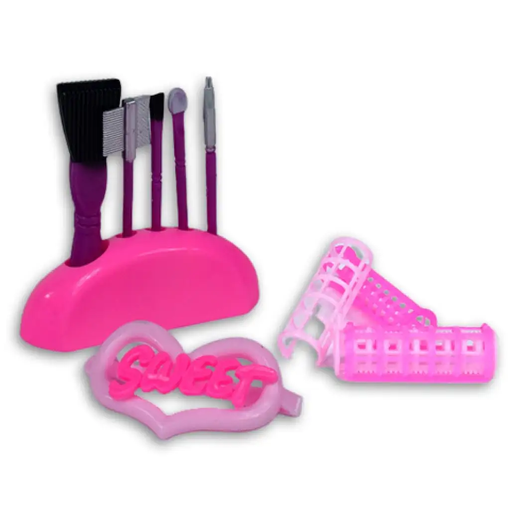 imagen de Juego de belleza de 7 piezas en rosa con brochas de maquillaje, secador de pelo y accesorios 2