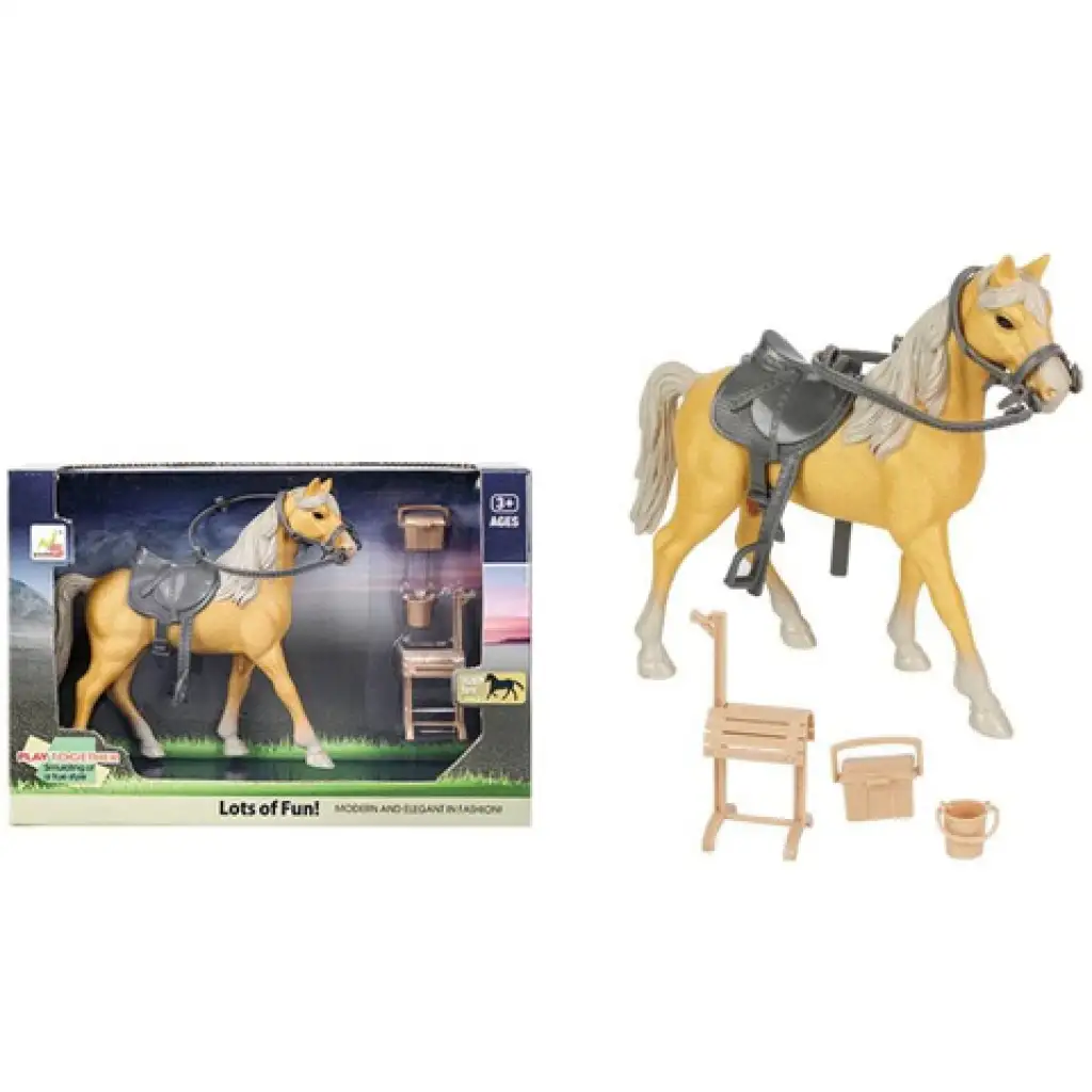 imagen de Juego de caballos marrón con silla y accesorios 1