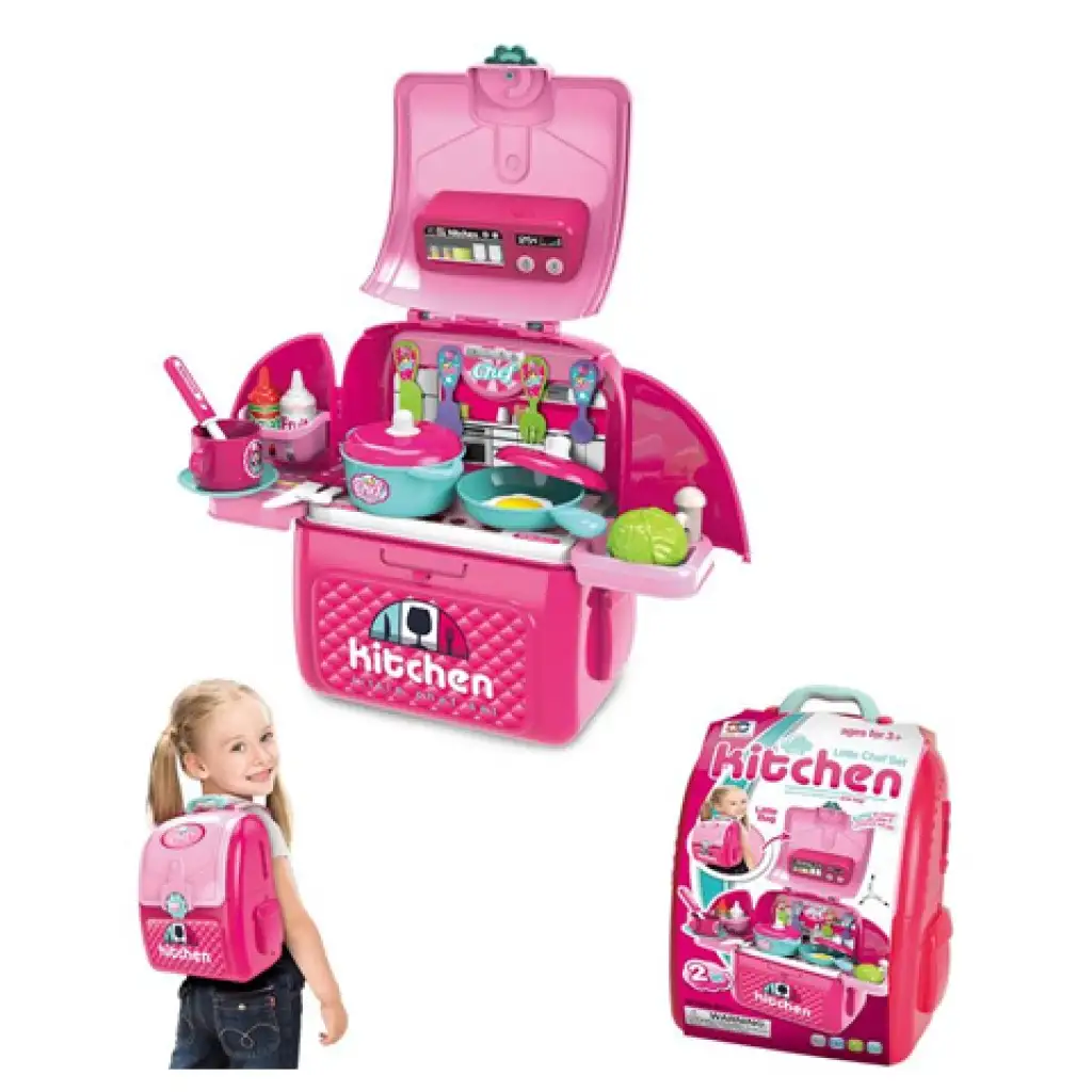 imagen de Juego de cocina portátil 2 en 1 en mochila rosa 2