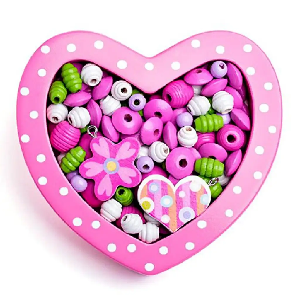 imagen de Juego de ensartar cuentas de madera en forma de corazón rosa 1