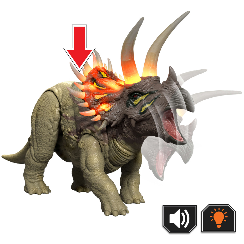 imagen de Jurassic World: Dinosaurio Triceratops atacante con sonido y luz – Mattel 3
