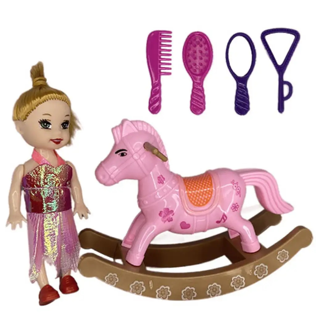 imagen de Katie: Muñeca Grace con caballito de madera y set de peluquería 10cm 1