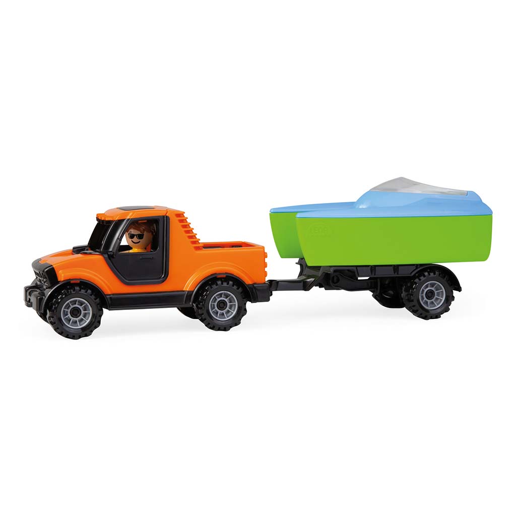 imagen de Lena: Camiónes Pick-up coche con remolque de barco y velero en caja de 35cm 2