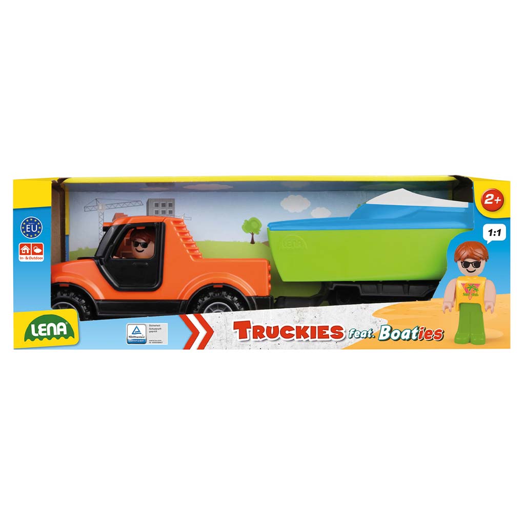 imagen de Lena: Camiónes Pick-up coche con remolque de barco y velero en caja de 35cm 1