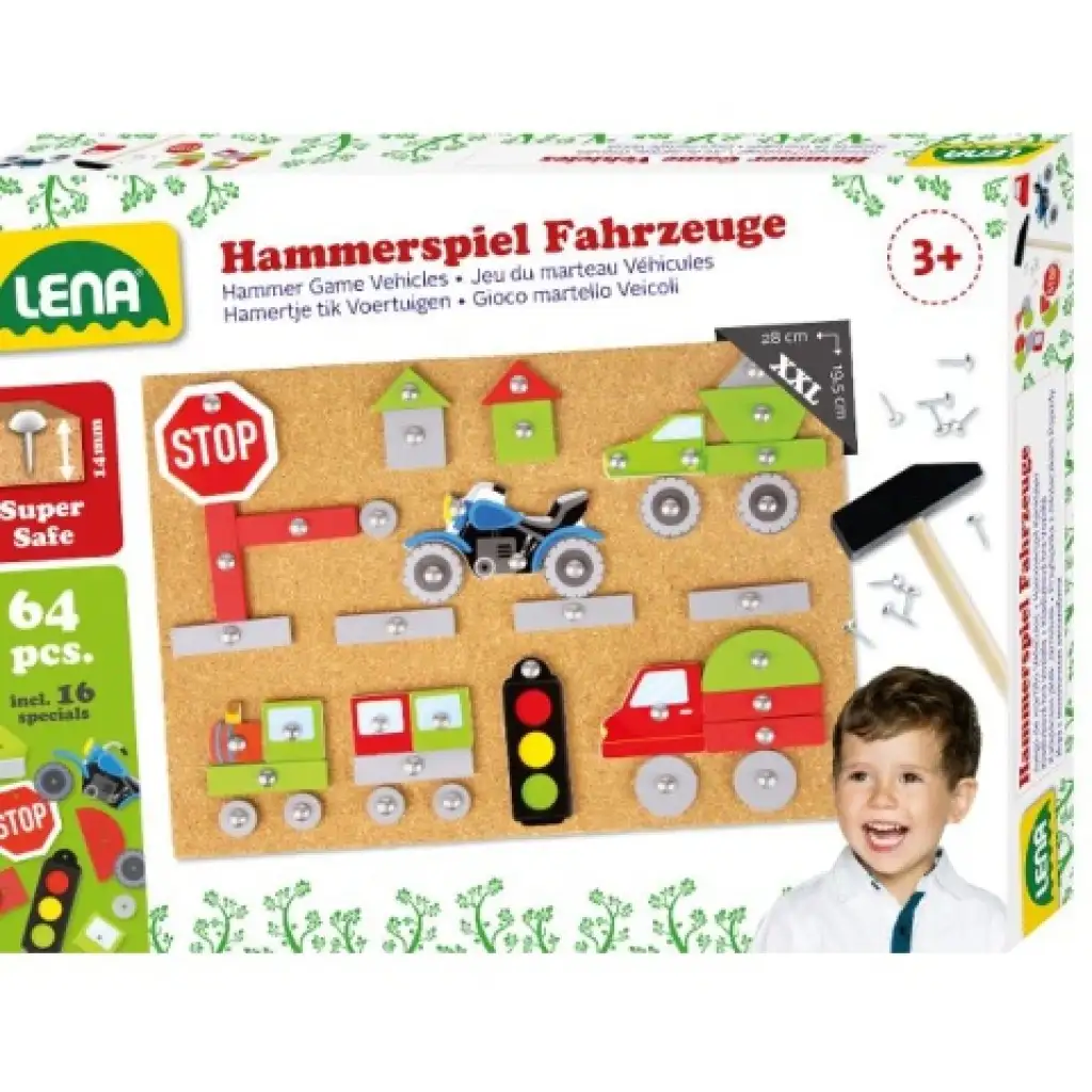 imagen de LENA: Juego de tablero de corcho con martillo 64 piezas - Vehículos y transporte 1