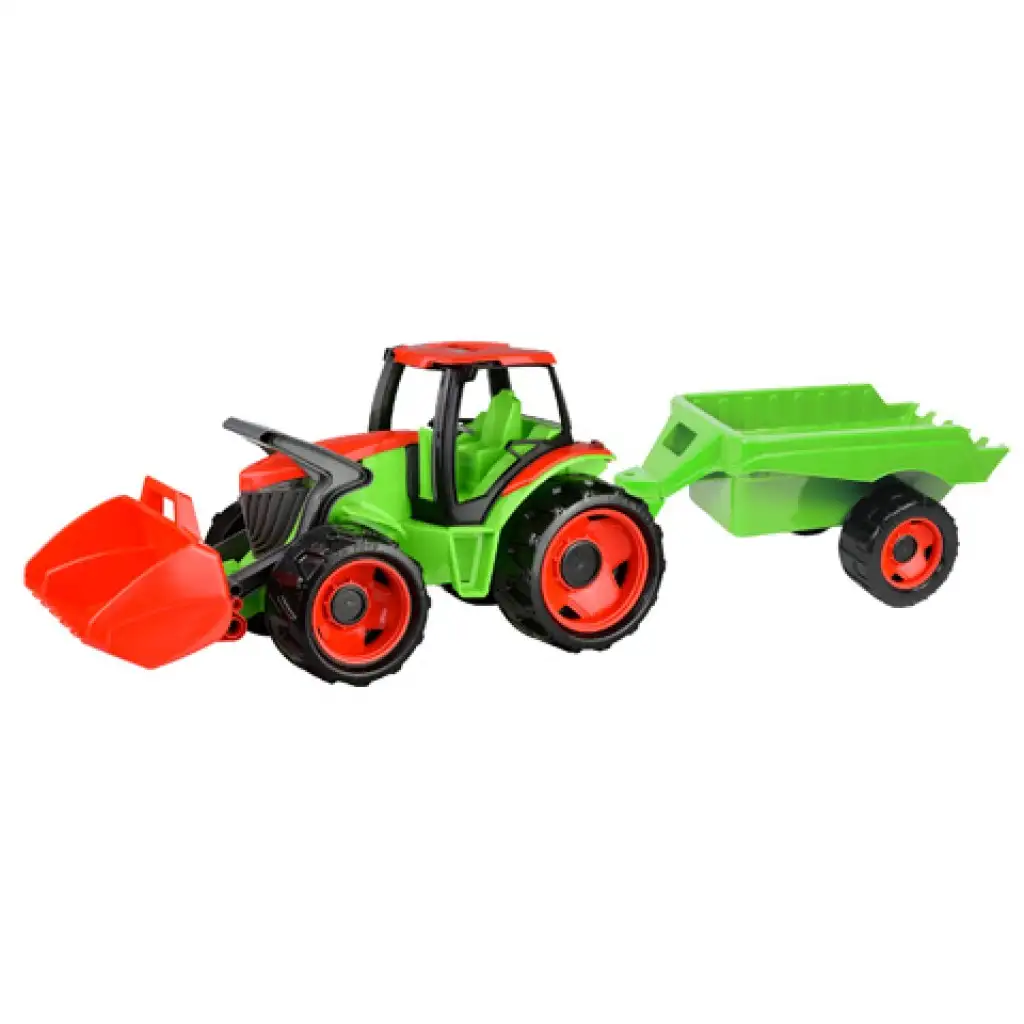 imagen de LENA: Tractor gigante verde-rojo con pala y remolque de 107cm 1