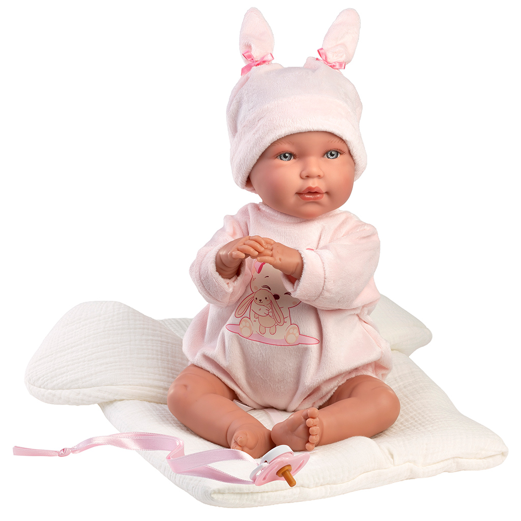imagen de Llorens: Abril muñeca llorona de 42 cm con gorro de orejas de conejo y saco de dormir 2