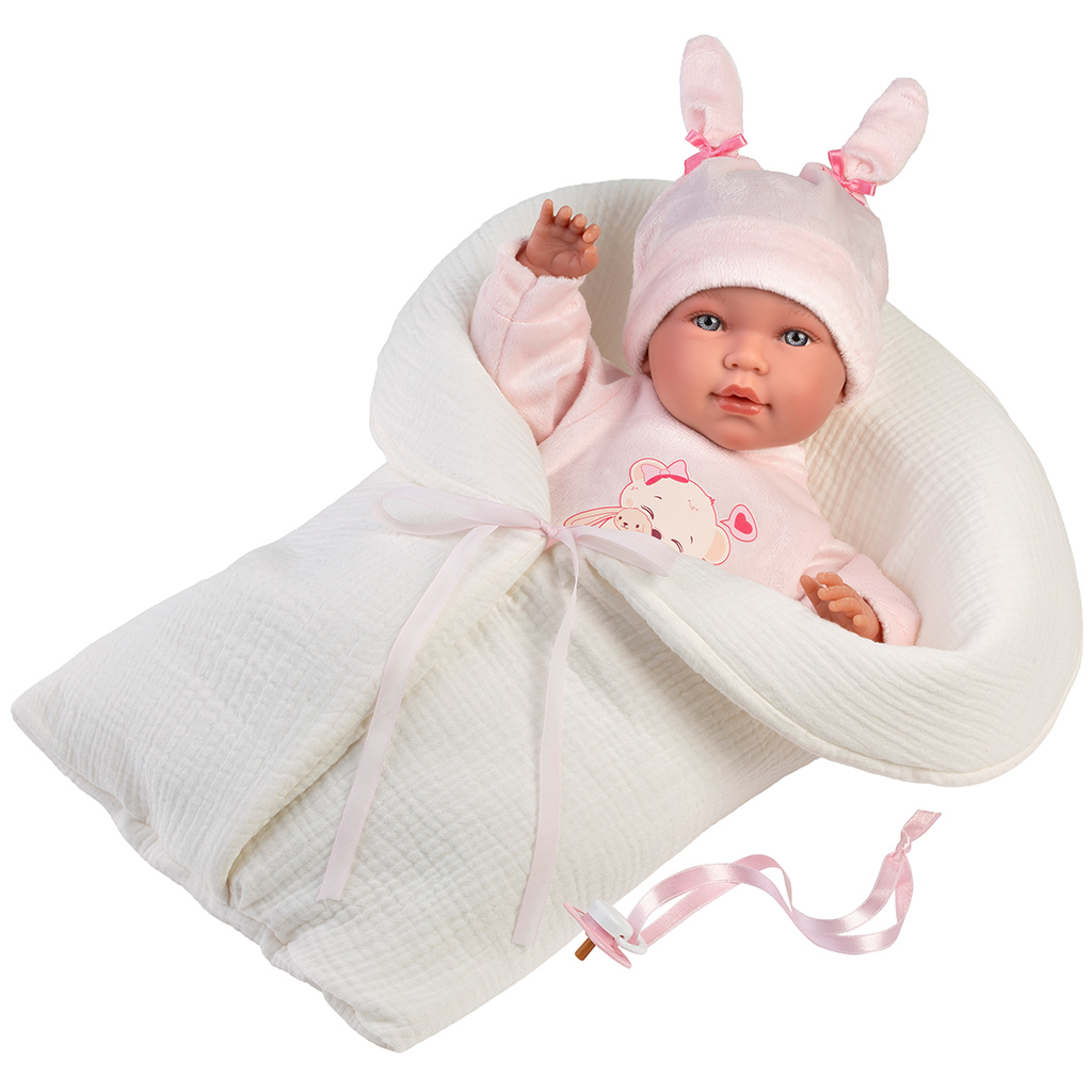 imagen de Llorens: Abril muñeca llorona de 42 cm con gorro de orejas de conejo y saco de dormir 1