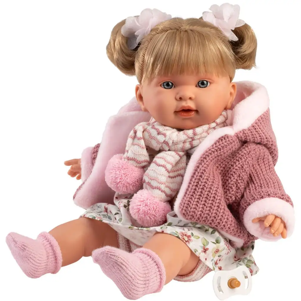 imagen de Llorens: Alexandra muñeca llorona de 42 cm con chupete en abrigo de punto rosa y falda con flores 2