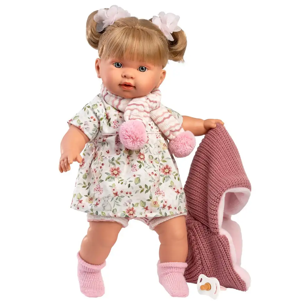 imagen de Llorens: Alexandra muñeca llorona de 42 cm con chupete en abrigo de punto rosa y falda con flores 3