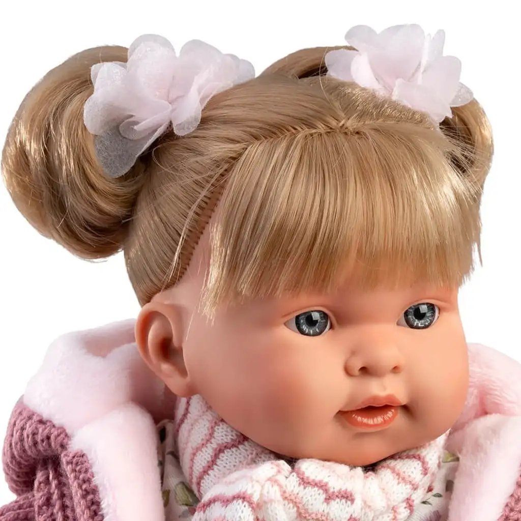 imagen de Llorens: Alexandra muñeca llorona de 42 cm con chupete en abrigo de punto rosa y falda con flores 4