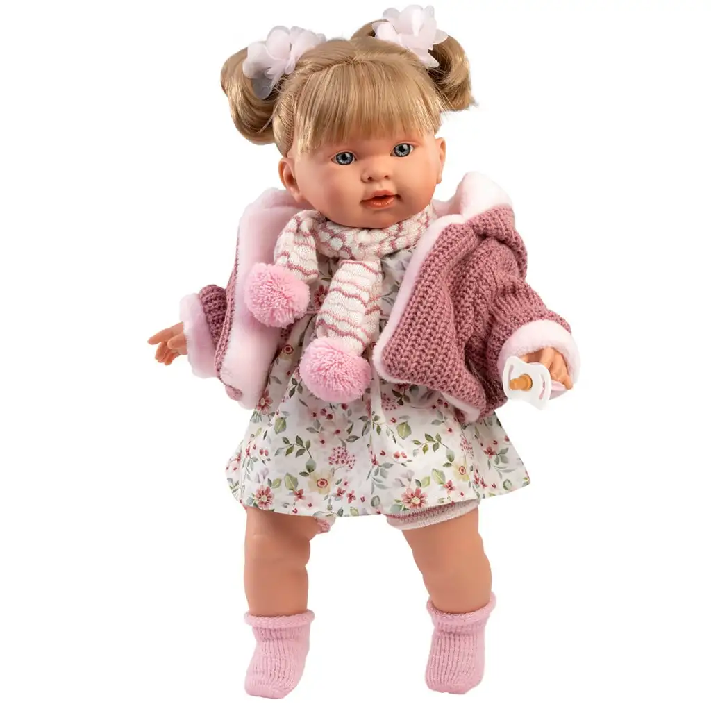imagen de Llorens: Alexandra muñeca llorona de 42 cm con chupete en abrigo de punto rosa y falda con flores 1