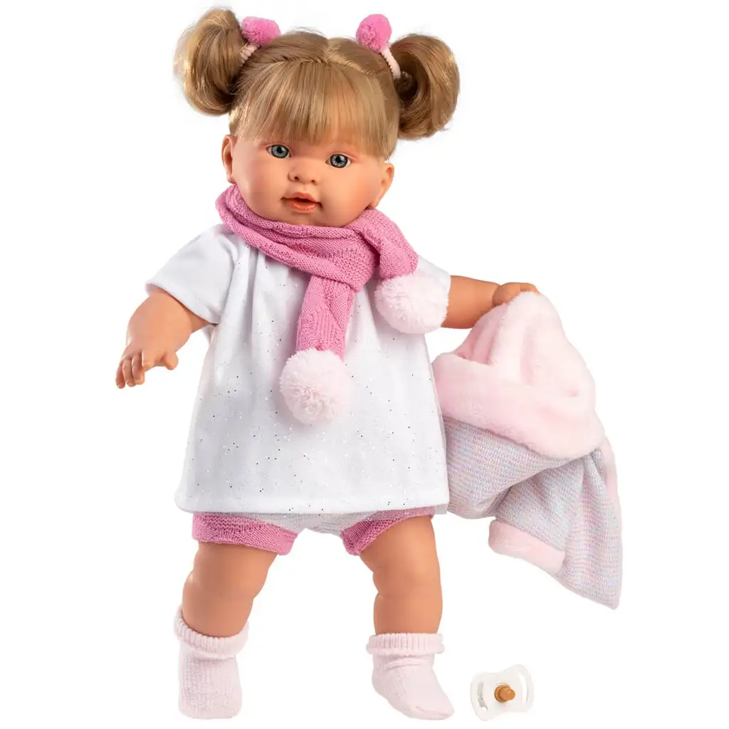 imagen de Llorens: Alexandra muñeca llorona de 42 cm con chupete y bufanda de pompón rosa 3