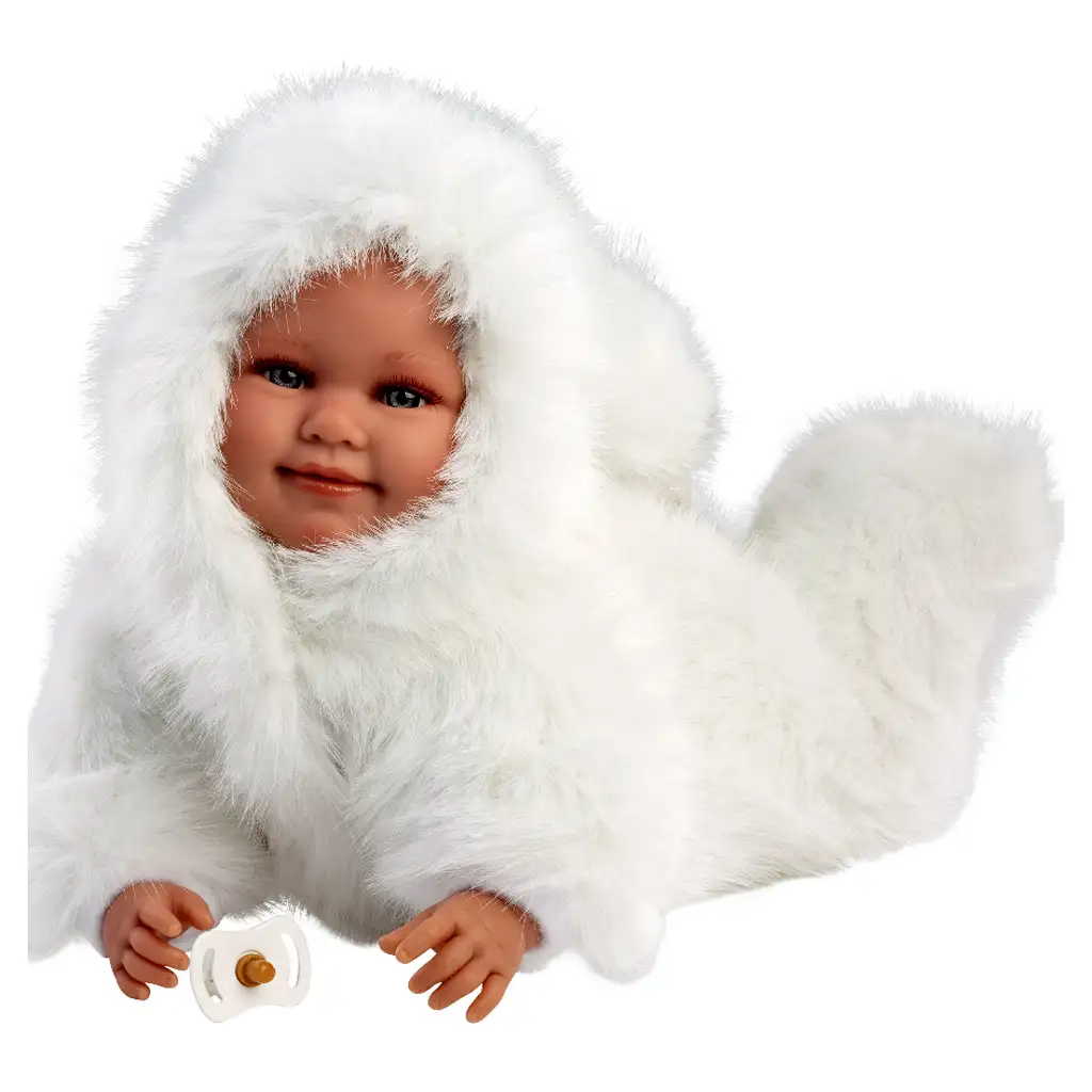 imagen de Llorens: Luka muñeca sonriente de 45 cm con chupete en abrigo de terciopelo blanco 3