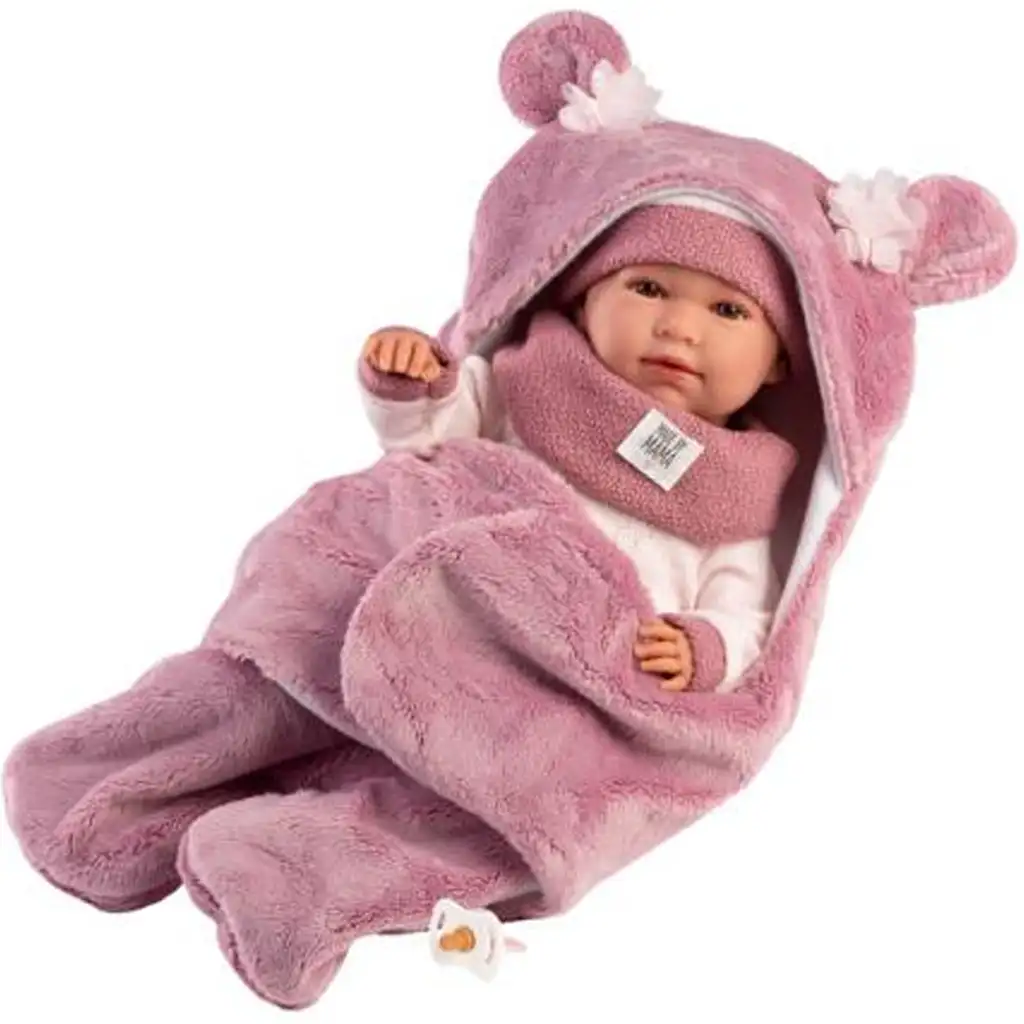 imagen de Llorens: Mimi muñeca llorona de 42 cm con saco de dormir suave con orejas de oso rosa 2